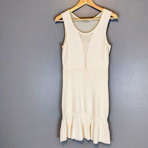 Sandro Cream Knit Sleeveless Dress with Mesh Insets
